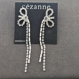 Cezanne Silver Tone Rhinestone Bow Dangle Drop Statement Earrings Holiday NYE